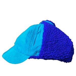 Columbia Vintage Duck Bill Ear Flap Hat 90s Pile Fleece Teal Purple Winter Cap